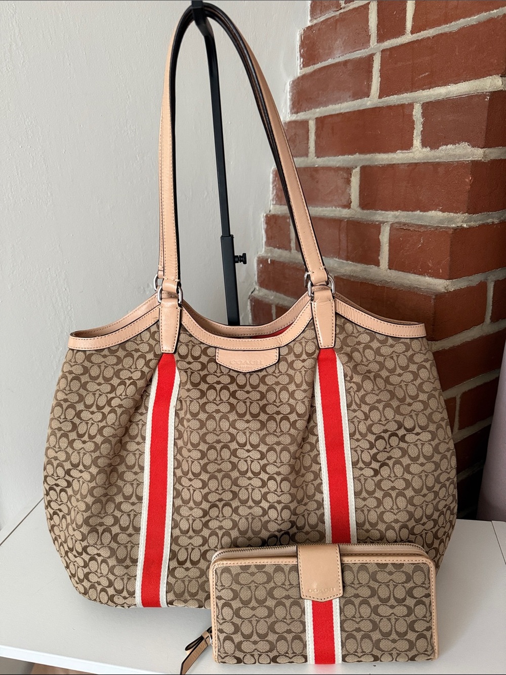 Coach Beige Signature Canvas Tote with Red Stripe and Matching Wallet